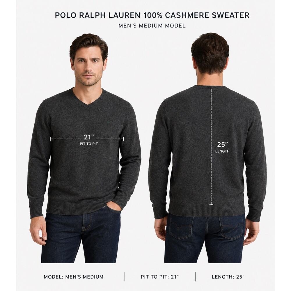 Polo Ralph Lauren 100% Lambswool Charcoal V-Neck Sweater Men Size M Quiet Luxury